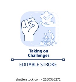 Taking on challenges light blue concept icon. Life skill for kid abstract idea thin line illustration. Overcome obstacles. Isolated outline drawing. Editable stroke. Arial, Myriad Pro-Bold fonts used