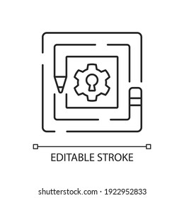 Asumiendo los retos del icono lineal. Pensamiento creativo. Método innovador de toma de decisiones. Ilustración personalizable de línea delgada. Símbolo de contorno. Dibujo de contorno aislado del vector. Trazo editable