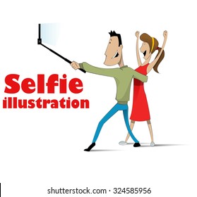 Taking  on white background. Young couple taking  photo together with mobile phone. Layered vector illustration