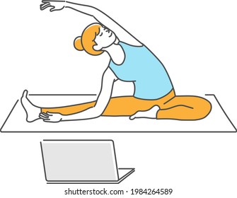 A ｗomen taking online yoga lessons.Vector data that is easy to edit.