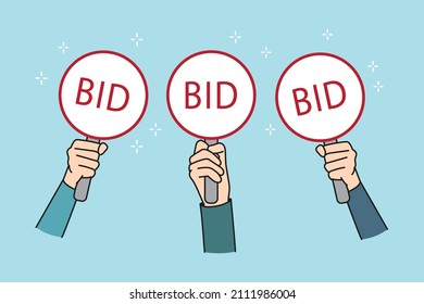 Taking part in auction concept. Human hands holding and raising up sings with bid lettering takins part in auction sales vector illustration 