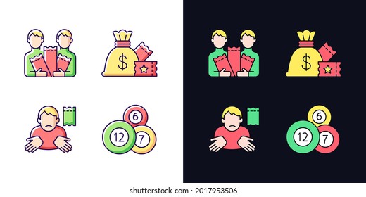 Taking part in lottery light and dark theme RGB color icons set. Pooling ticket purchases. Lump-sum payment. Isolated vector illustrations on white and black space. Simple filled line drawings pack