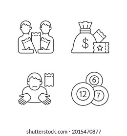 Taking part in lottery linear icons set. Pooling ticket purchases. Lump-sum payment. Lotto balls. Customizable thin line contour symbols. Isolated vector outline illustrations. Editable stroke