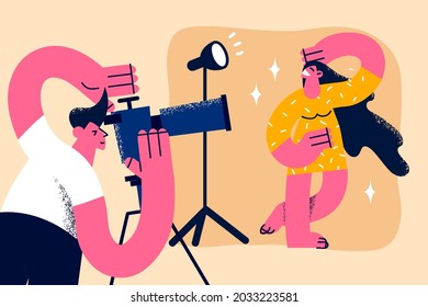 Taking part in photo session concept. Young smiling pretty woman cartoon character standing posing with man photographer making photo of her in studio vector illustration 