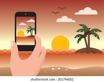 Taking photo of a beach during sunset by smart phone - flat design - vector illustration