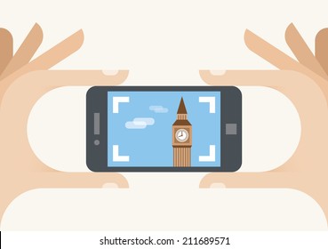 Taking a photo of the Big Ben tower, London, United Kingdom in human hands holding mobile smartphone. Concepts: Great Britain tourism, travel, landmarks, Instagram sharing. Vector illustration. 