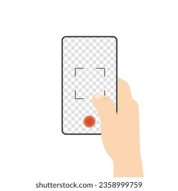 Taking photo by smartphone. Hand holds phone and takes photo. Pressing camera button. Vector illustration template with transparency.