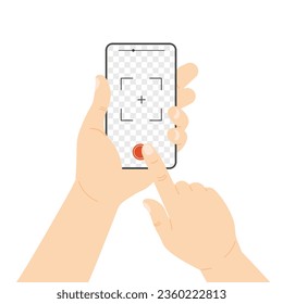 Taking photo by smartphone. Hand holds phone and takes photo. Pressing camera button. Vector illustration template with transparency.
