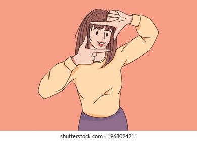 Taking photo and gesture language concept. Young pretty brunette woman cartoon character standing and showing frame picture with fingers and hands vector illustration 