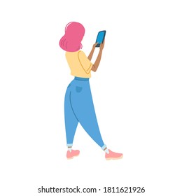 Taking photo girl. Back view portrait of pink haired girl holding a smartphone. Vector 8 EPS.