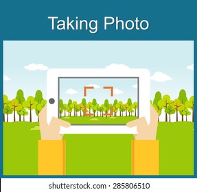 Taking photo illustration flat design. Taking photo by gadget concept. 