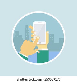 Taking a photo with mobile phone camera. Flat design. Vector Illustration.