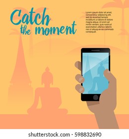 Taking a photo with mobile phone camera in human hands on vacation time. Modern flat style illustration with tample, Buddha and other symbols of Asia. Travel banner. 