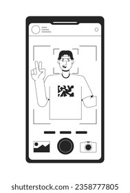 Taking photo on front camera bw concept vector spot illustration. Using gadget 2D cartoon flat line monochromatic object for web UI design. Editable isolated outline hero image
