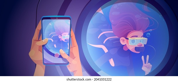 Taking photo on mobile phone of woman scuba diver through porthole. Vector cartoon illustration of hands with smartphone and girl in diving suit shows v sign behind round window