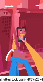 Taking Photo on Smart Phone. Vector Illustration. Selfie photos for social networks media.  Concept modern life with selfie photo camera. Photo for the avatar on the top of a skyscraper