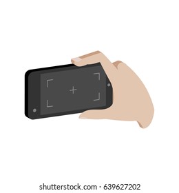 Taking photo on smartphone symbol. Flat Isometric Icon or Logo. 3D Style Pictogram for Web Design, UI, Mobile App, Infographic. Vector Illustration on white background.