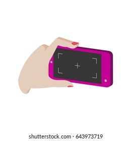 Taking photo on smartphone symbol. Flat Isometric Icon or Logo. 3D Style Pictogram for Web Design, UI, Mobile App, Infographic. Vector Illustration on white background.