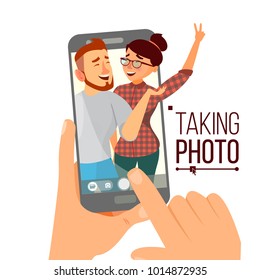 Taking Photo On Smartphone Vector. Smiling Friends Taking Selfie. People Posing. Hand Holding Smartphone. Friendship Concept. Isolated Flat Cartoon Illustration 