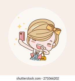 Taking Photo, Selfie Girl / Lady / Woman Isolated Vector / Image / Illustration / Drawing / Cartoon / Animation