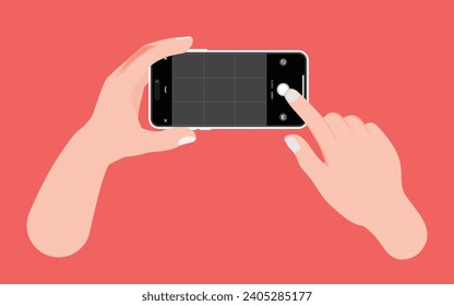 Taking a photo with a smartphone: a finger touches the mobile phone screen to capture the picture while pressing the camera button. Vector.