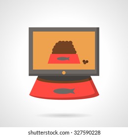 Taking photo with tablet of red bowl full with cat food. Social networks concept. Flat color vector icon. Design elements for site, business or mobile.