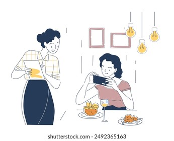 Taking photos of food. Woman in cafe or restaurant with smartphone sits and takes photos of dishes. Popular blogger shoots content for social networks. Linear vector illustration