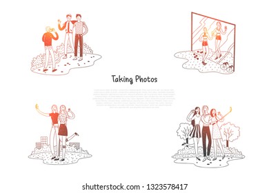 Taking photos - people making photos and selfie in gym and outdoors vector concept set. Hand drawn sketch isolated illustration