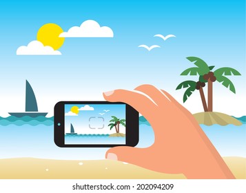 Taking picture of a beach by smart phone - flat design - vector illustration