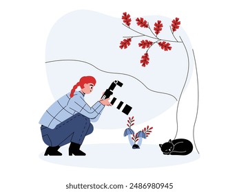 Taking a picture of a cat sleeping under a tree with a professional photographer's camera, vector illustration.