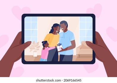 Taking picture of happy family 2D vector isolated illustration. Giving gift to mother flat first view hand on cartoon background. Hugging each other. Family member birthday celebration colourful scene