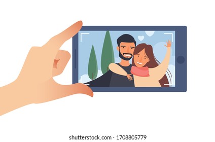 Taking a picture on a smartphone. Smiling couple. Lovers take a horizontal selfie. Camera viewfinder. Smartphone vector illustration. For your design