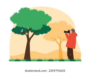 Taking a picture of a small bird standing on a twig, analysis of animal species for research, bird observation vector illustration.