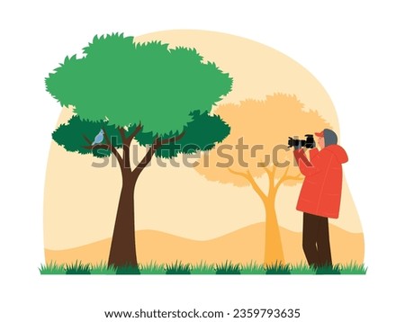 Taking a picture of a small bird standing on a twig, analysis of animal species for research, bird observation vector illustration.