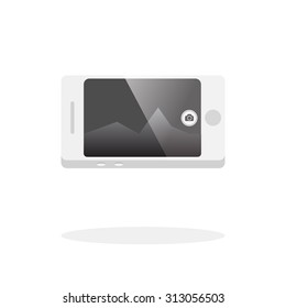 Taking picture with smartphone in landscape orientation. Using built-in camera to shoot photo or video. Smartphone vector illustration.