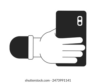 Fotografieren auf Smartphone Cartoon menschliche Hand Umriss Illustration. Millennial Handy 2D isoliert Schwarz-Weiß-Vektorgrafik Bild. Handykamera flache monochromatische Zeichnung Clip Kunst