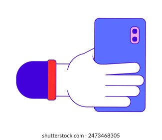 Taking pictures on smartphone linear cartoon character hand illustration. Millennial mobile phone outline 2D vector image, white background. Cellphone camera editable flat color clipart
