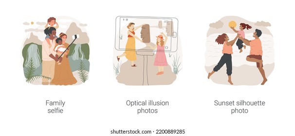 Taking Pictures On Vacation Isolated Cartoon Vector Illustration Set. Family Take Picture, Use Selfie-stick, Make Fun Optical Illusion Photo, Holding Statue, Sunset Silhouette Vector Cartoon.