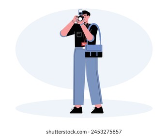 Taking pictures at the scene as material for journalistic team news, journalist vector illustration.