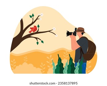 Taking pictures of small birds on tree branches, a photographer's hobby, bird watching vector illustration.