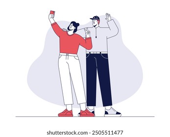 Taking pictures with smartphone with friends, outline style, friendship vector illustration.