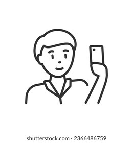 Tomar fotos con un smartphone, un icono lineal. Una persona extiende su brazo y toma una foto. Selfies. Línea con trazo editable