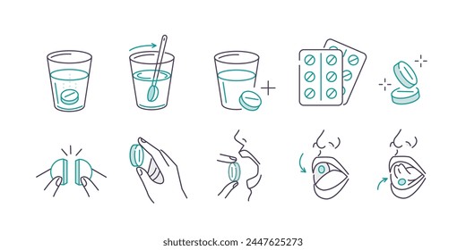 Taking pills concept set. Instruction how to take effervescent tablet and various drug correctly with glass water, sublingual under the tongue and buccal. Vector illustration 