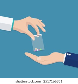 Taking the pills. Doctor hand holding drug pills in a plastic bag. Medical treatment concept. Healthcare. vector illustration in flat design