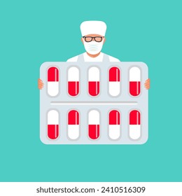 Taking the pills. Doctor holds in hands blister capsule. Vector illustration flat design. Take painkillers tablets. Medical treatment concept. Healthcare. Medical drugs.