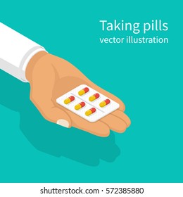 Taking the pills. Doctor holds in hands blister capsule. Vector illustration isometric design. Take painkillers tablets. Medical treatment concept. Healthcare. Medical drugs.