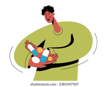 Toma las pastillas. Hombre con las manos diferentes pastillas. Es hora de tomar medicamentos.