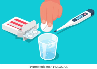 Taking the pills. Man holds in hands tablet glass of water. Vector illustration isometric design. Take painkillers pills. Medical treatment concept. Treatment inflammation. landing page. Vector 3d.