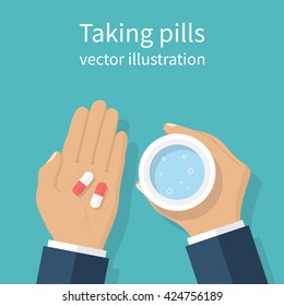 Taking the pills. Man holds in hands the capsule and a glass of water. Vector illustration flat design. Take painkillers pills. Medical treatment concept. Healthcare. Taking medical drugs.