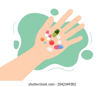 Taking pills. Medicines in hand. Palm top view and colorful medicines. Illness treatment concept. Vector illustration.